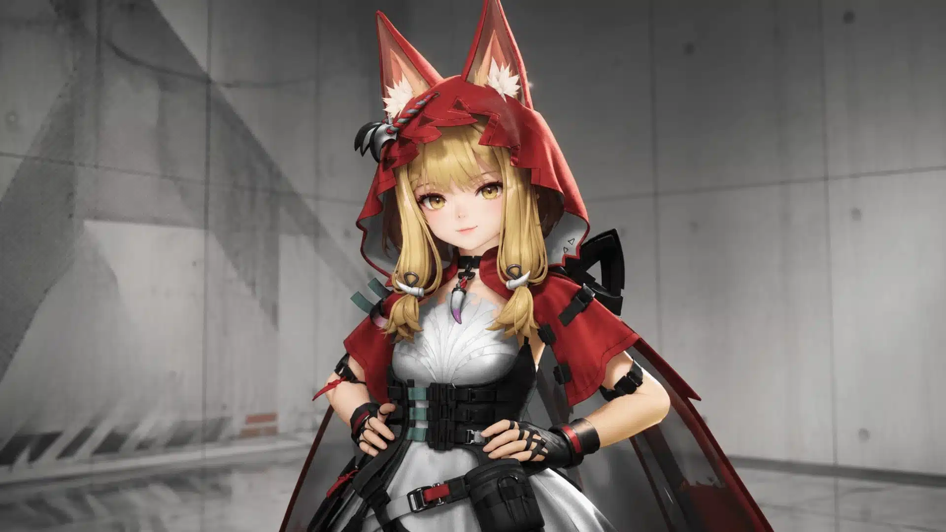 Anime-style character with blonde hair, fox ears, and a red hooded outfit.