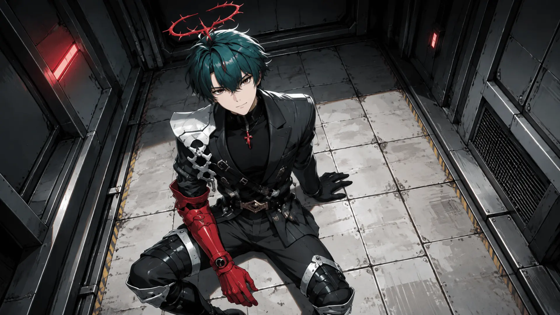 Anime-style character with teal hair wearing a black uniform with red gloves and armor details.