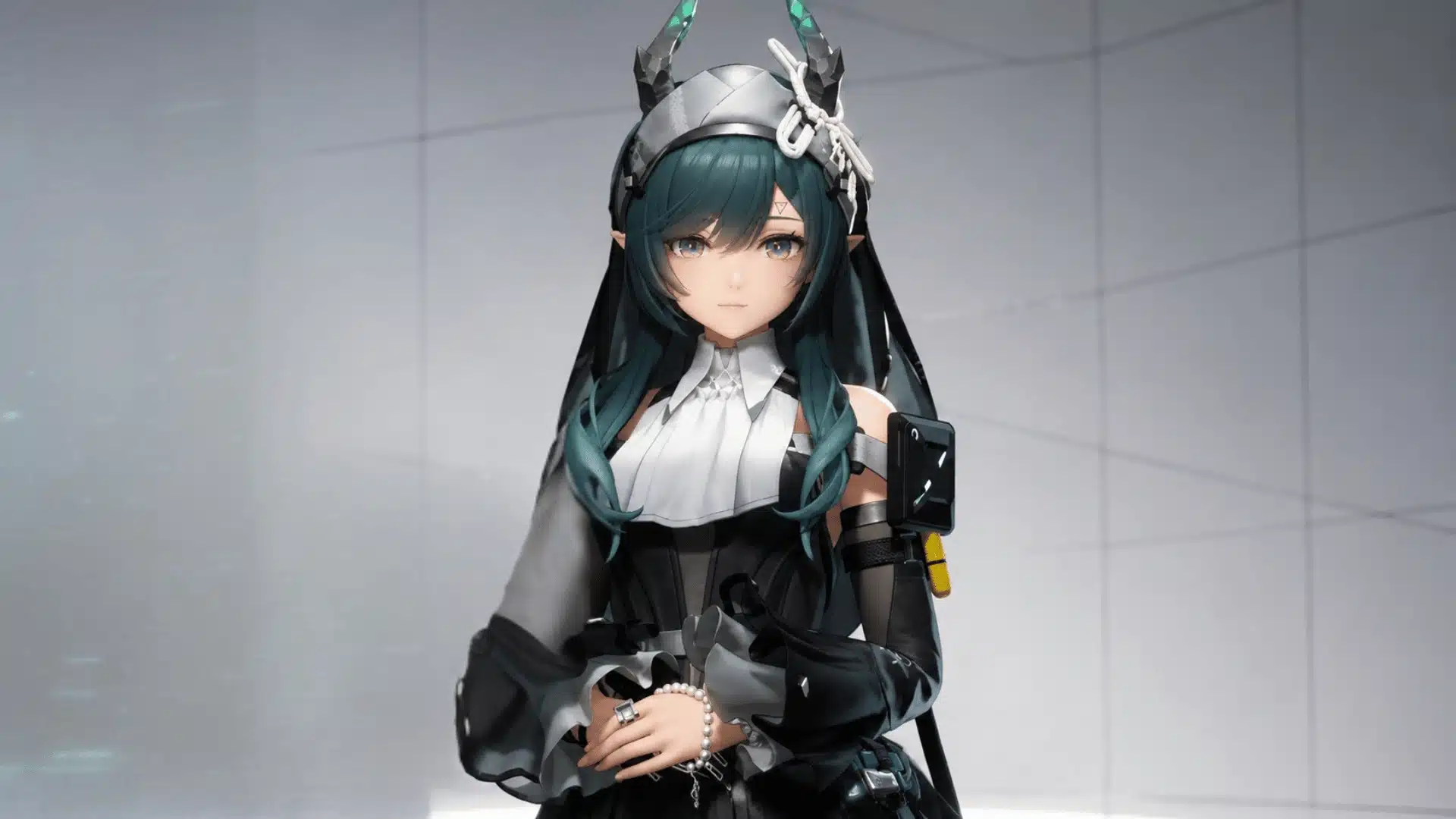 Anime-style character with teal hair, horn accessories, and a black and white outfit.