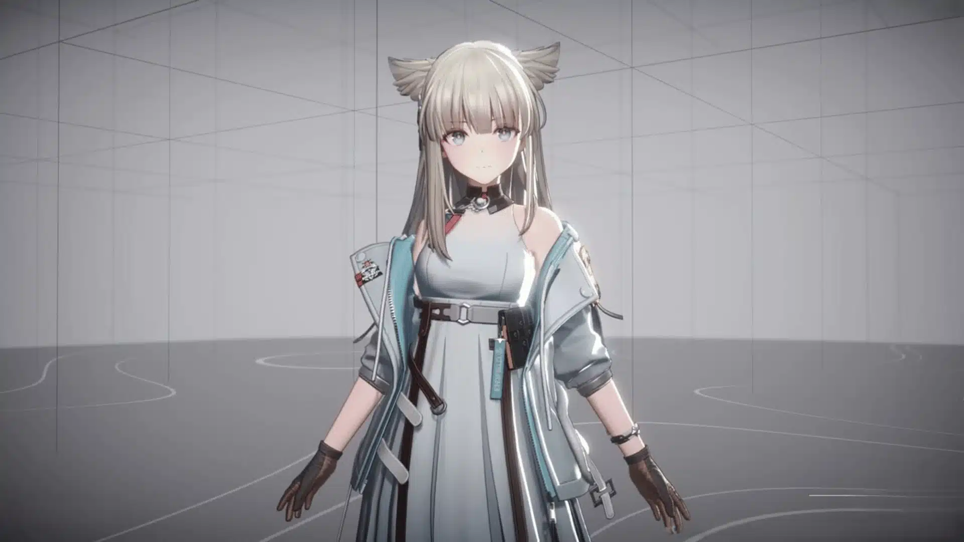 Anime-style character with white hair, animal ears, and a white futuristic jacket.