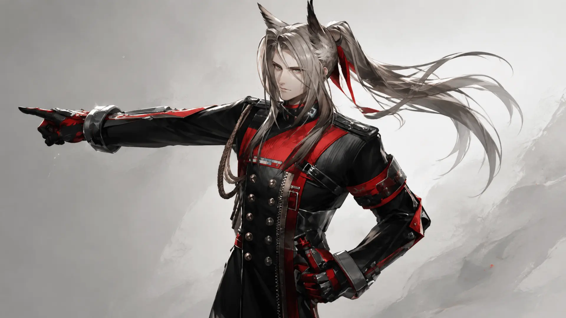 Anime-style character with white hair wearing a black and red uniform.