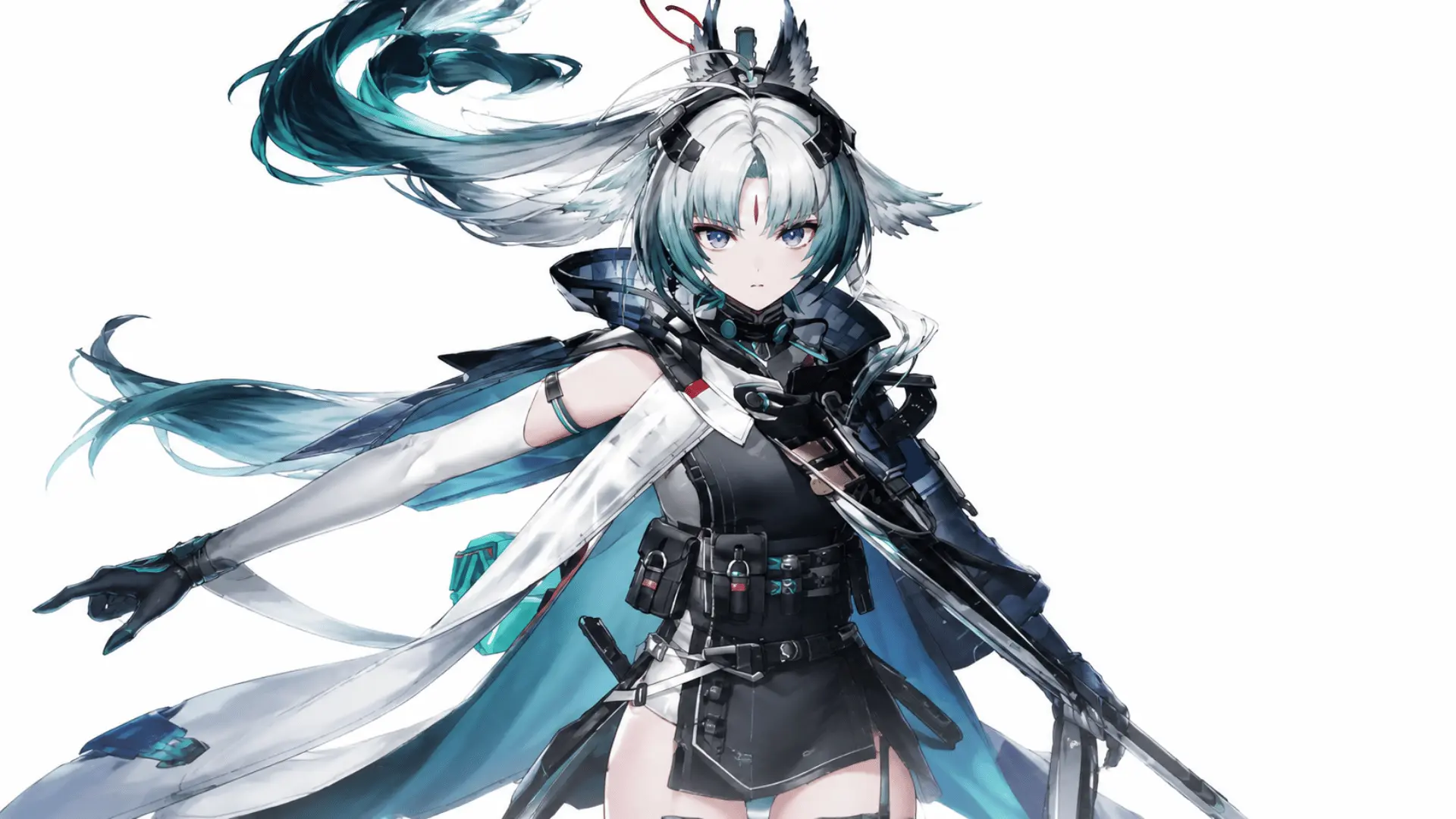 Anime-style character with white hair, animal ears, dark armor, and twin swords.
