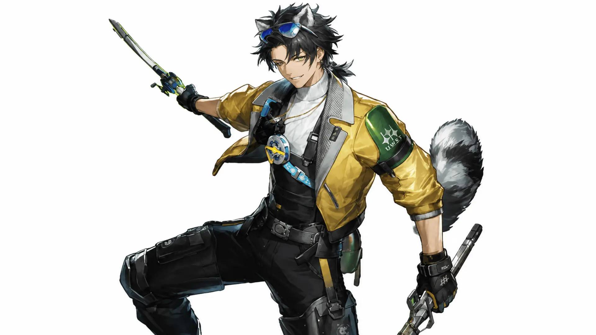 Anime-style male character with animal ears and a striped tail, wearing a yellow jacket and holding two blades.