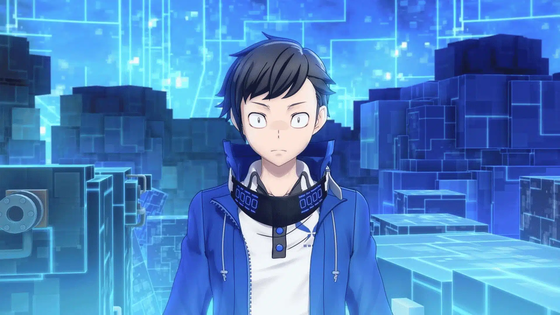 Anime-style hacker in blue coat stares ahead in a glowing blue cyberspace made of floating data blocks.