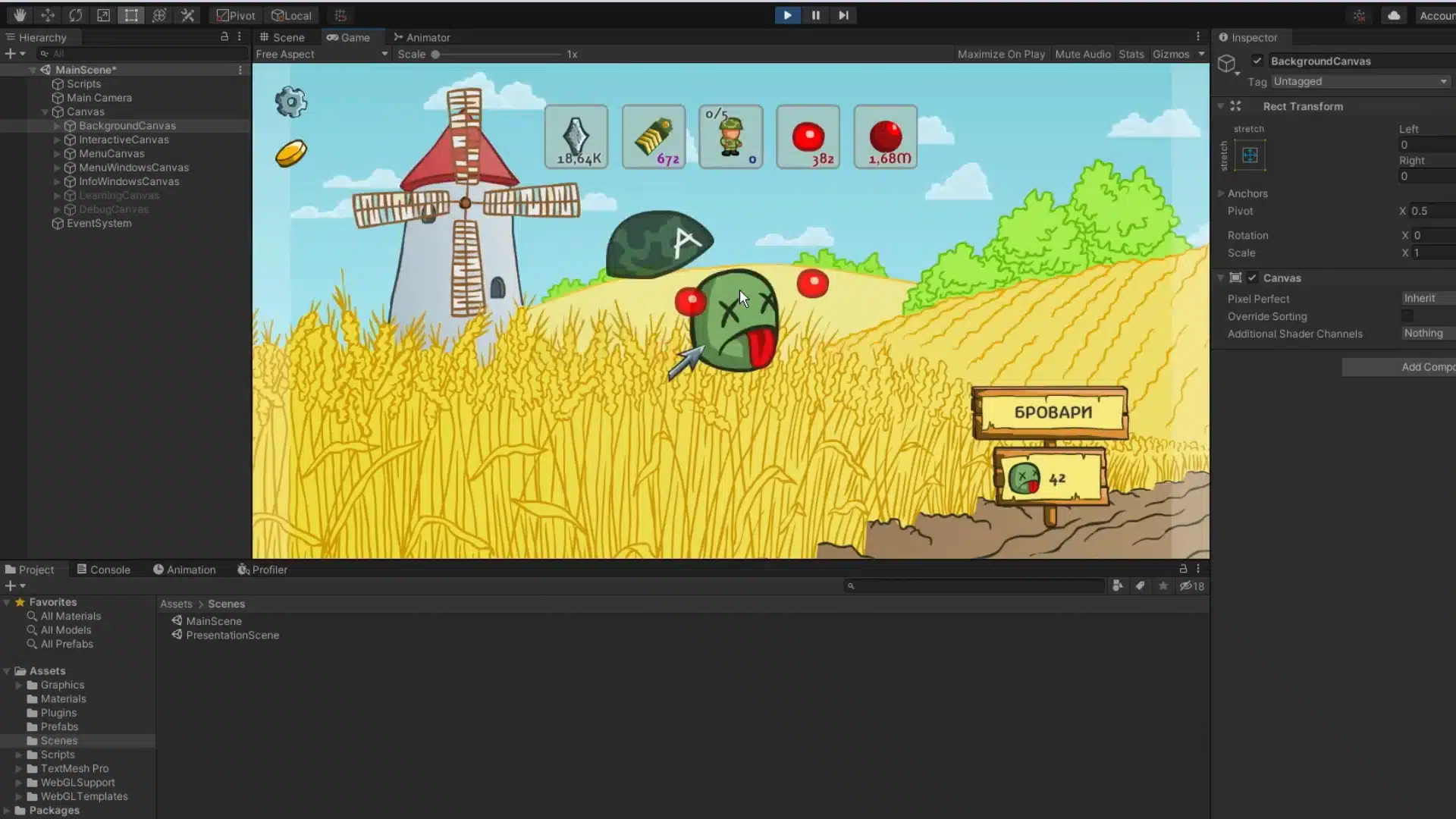 Idle game in Unity showing wheat fields, a windmill, resources, and an enemy target