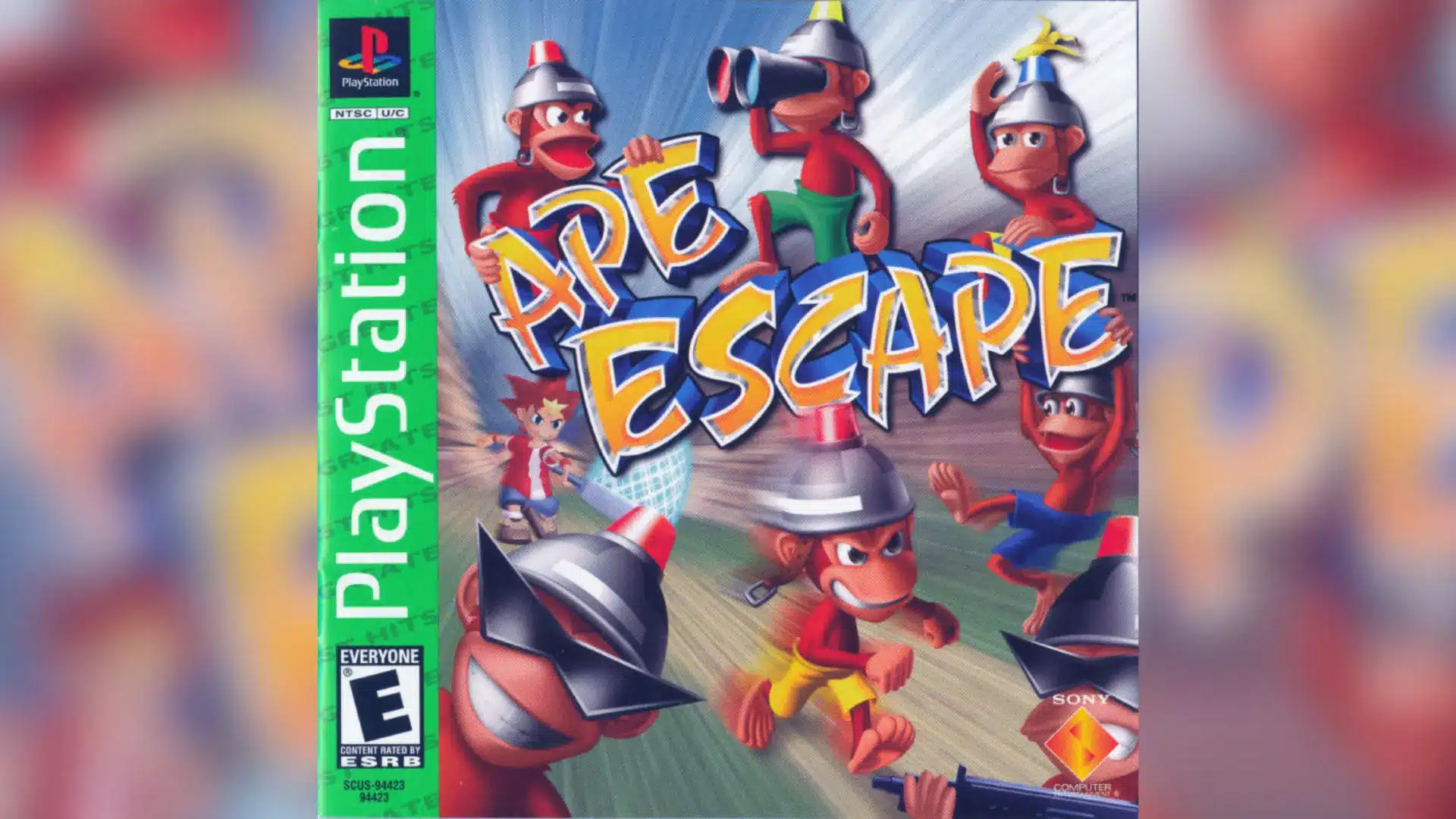 Box art of the PlayStation video game Ape Escape featuring cartoon monkeys wearing siren helmets.