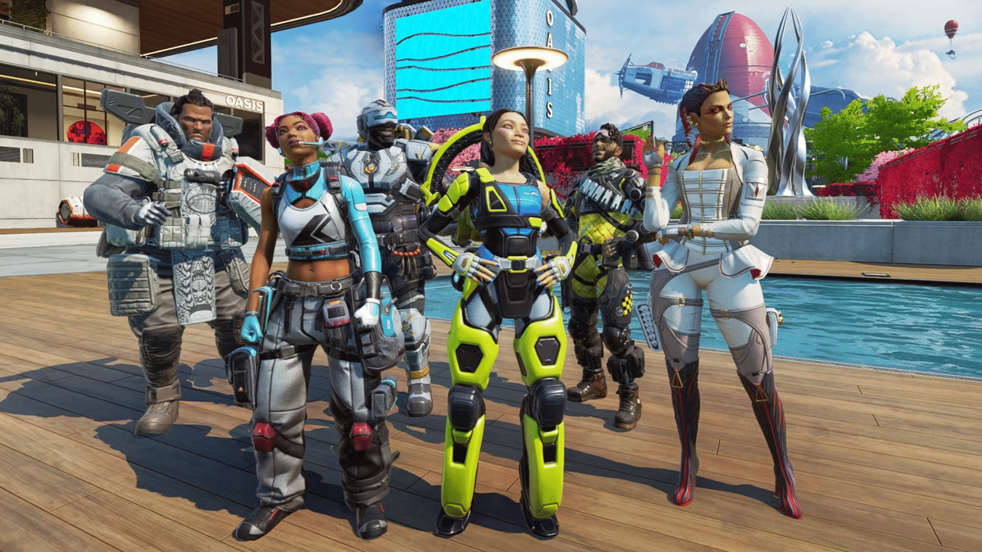 Six Apex Legends characters gather beside a pool in a bright futuristic city plaza