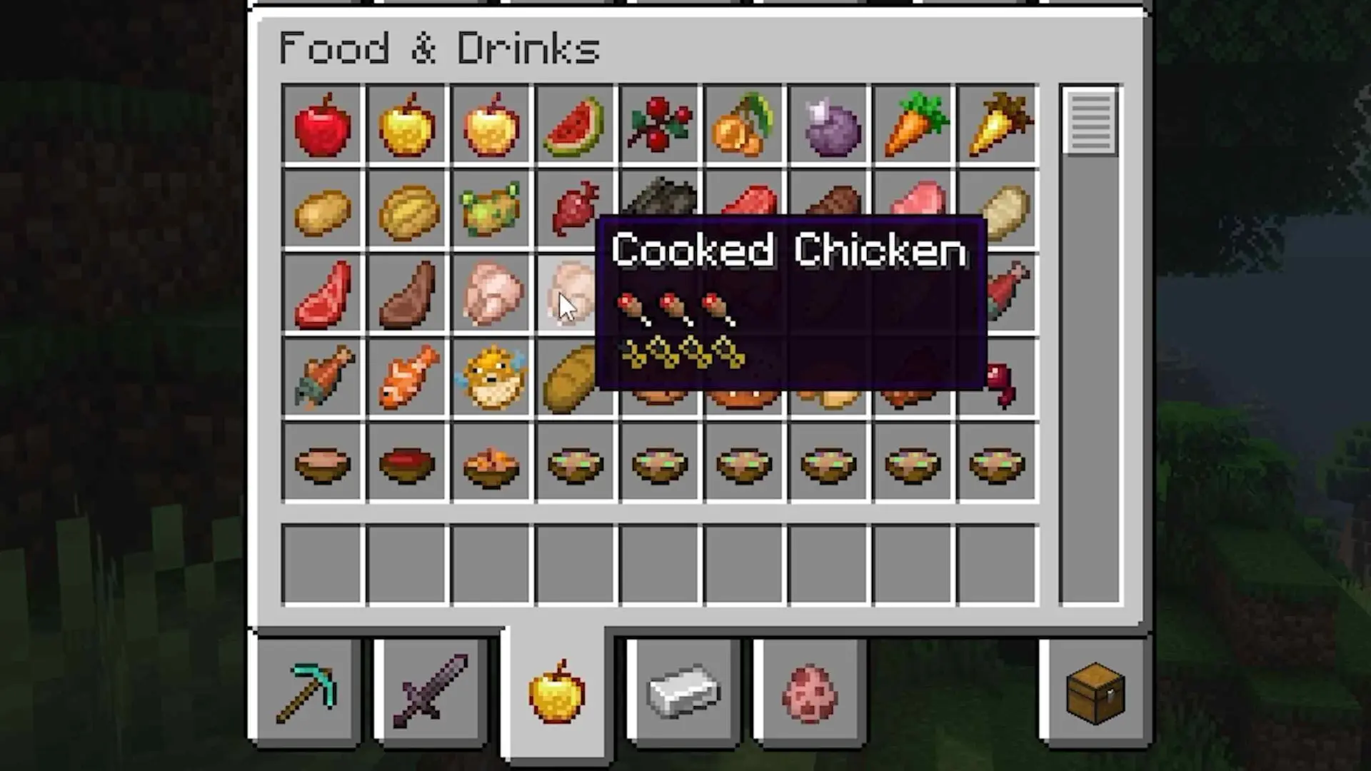 Minecraft food menu displaying hunger and saturation details with the AppleSkin mod interface.