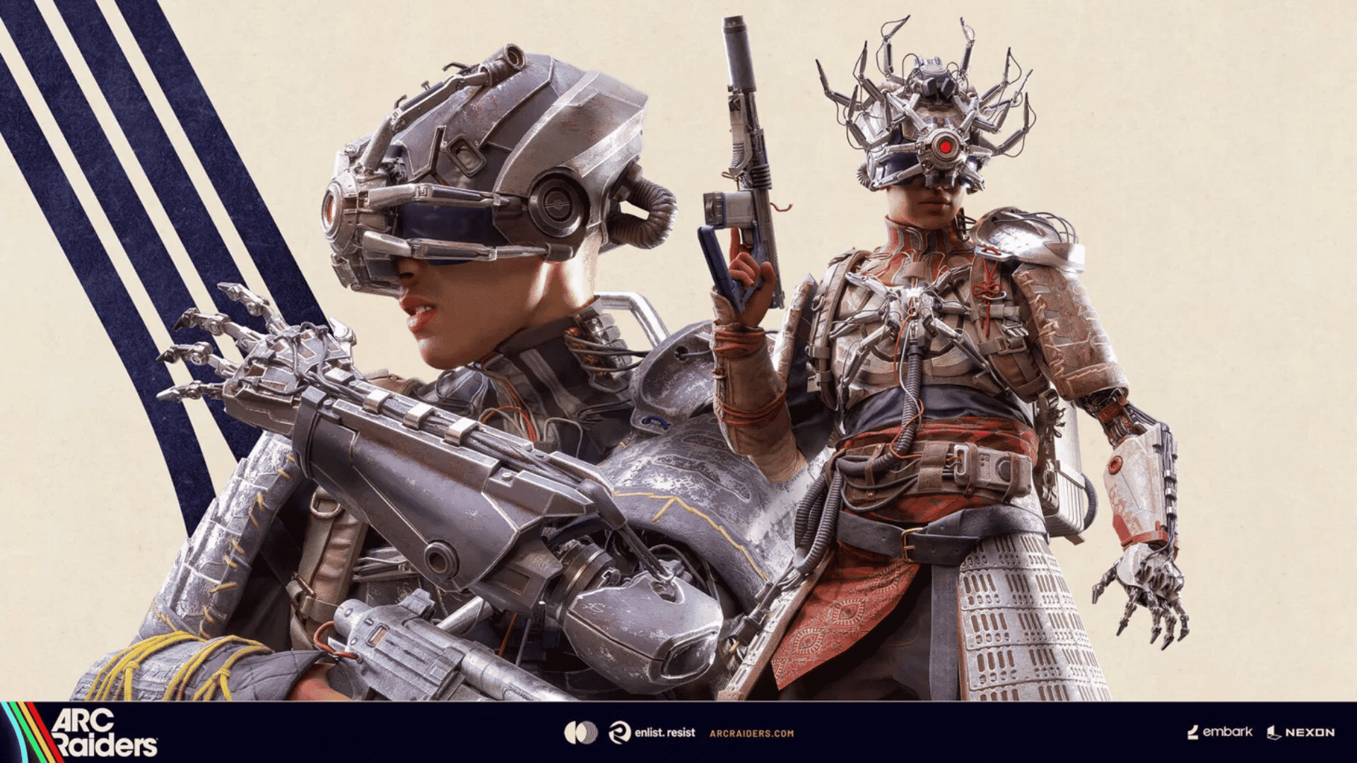 Two armored ARC Raiders characters wearing mechanical helmets and holding weapons