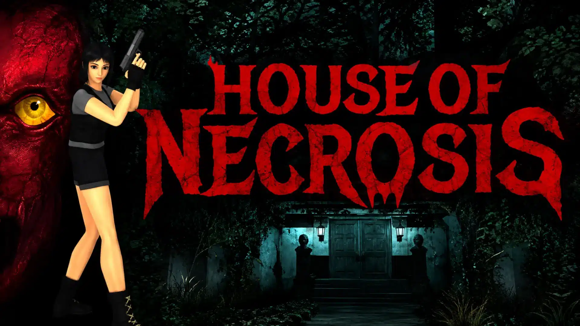 Armed woman beside a red-eyed creature with House of Necrosis title over a dark forest mansion entrance.