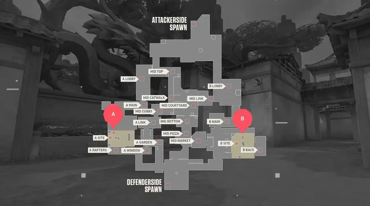 Valorant Split map layout showing A and B spike sites, attacker and defender spawns, mid control areas, and all named callout positions.
