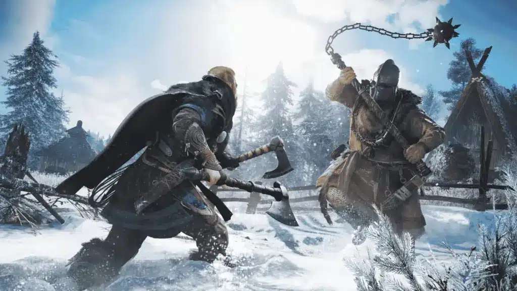 Assassin's Creed Valhalla review, Eivor standing in Saxon England with axe drawn at dusk
