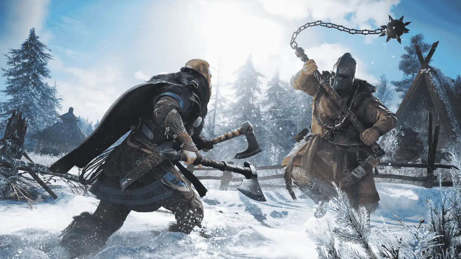 Assassin's Creed Valhalla review, Eivor standing in Saxon England with axe drawn at dusk