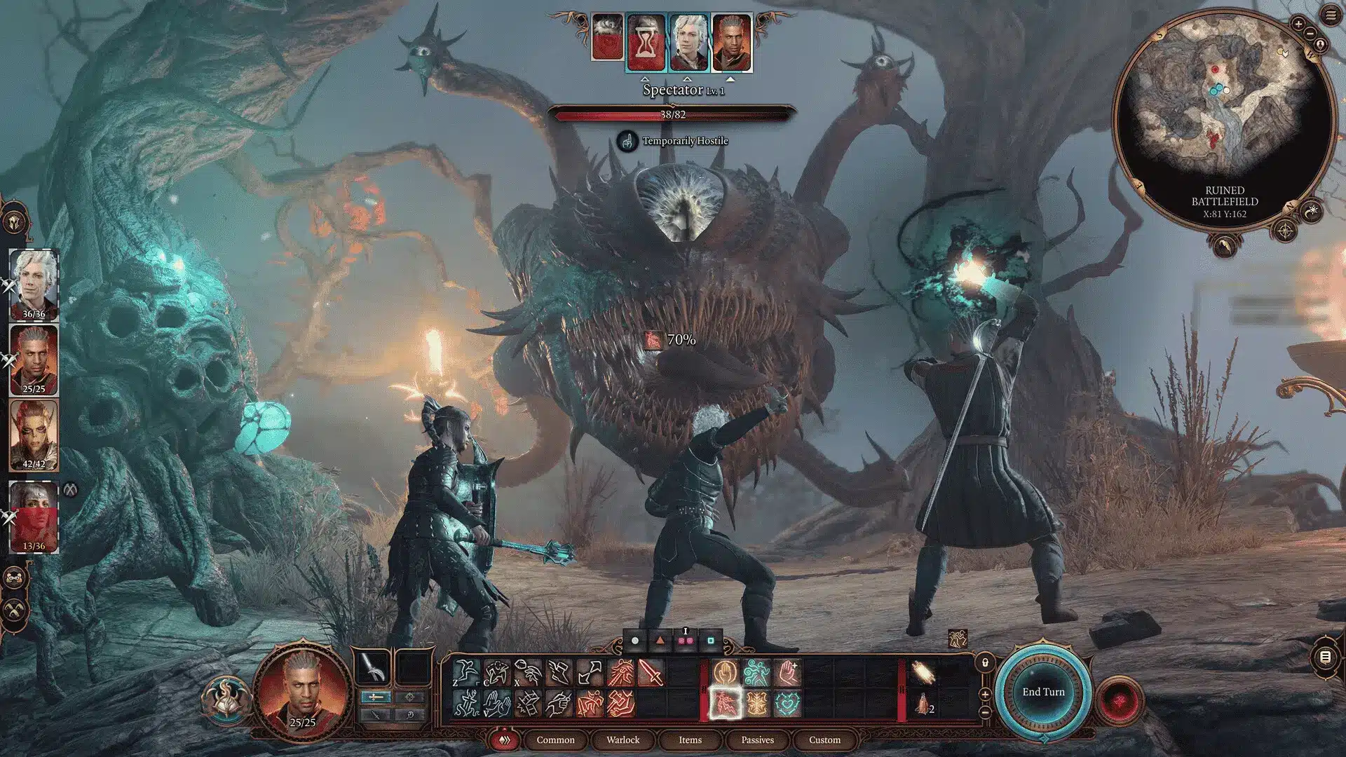 Baldur's Gate 3 party members fighting a creature during a combat encounter