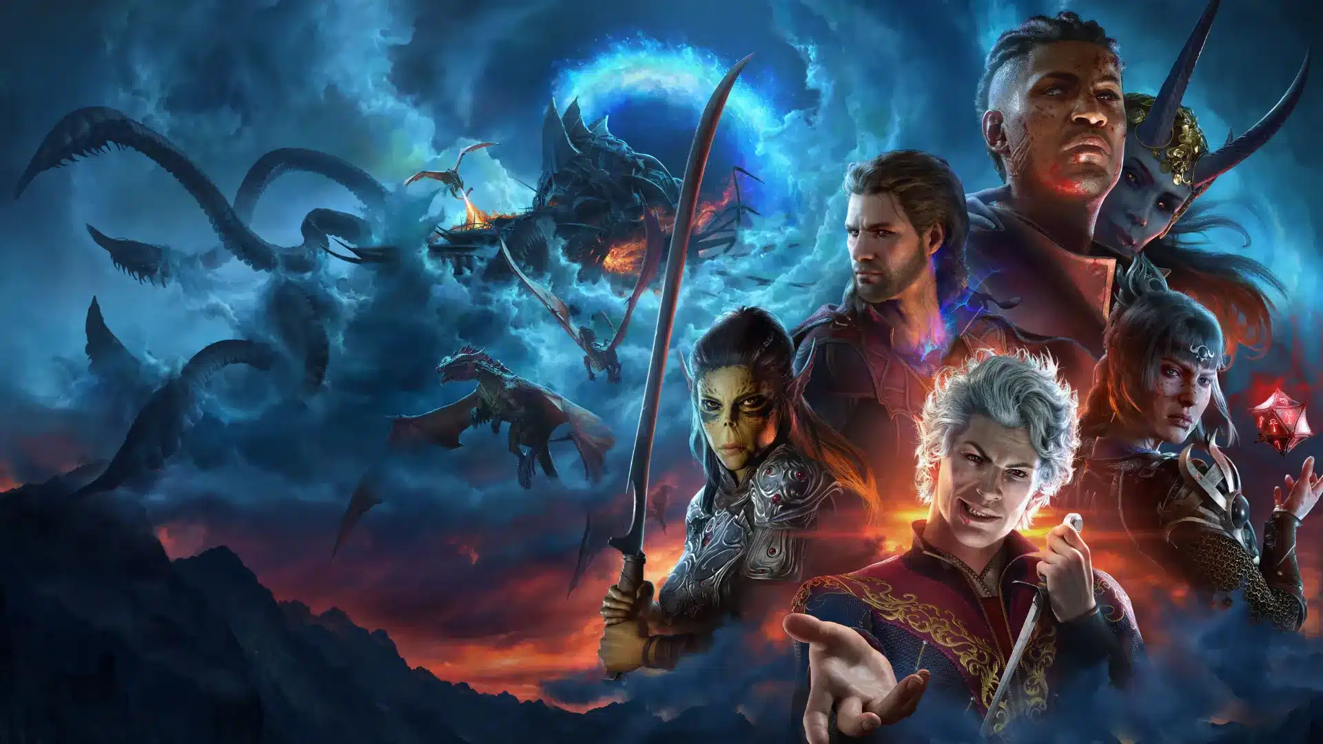 Baldur's Gate 3 companions gather before a stormy fantasy battlefield with dragons