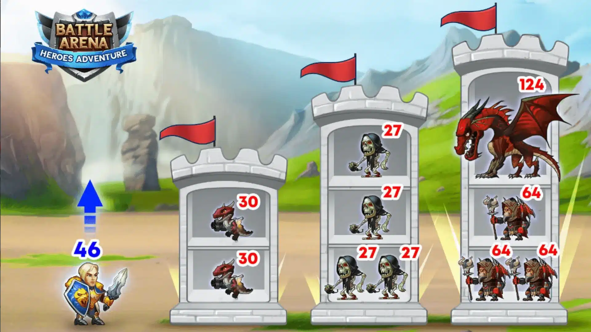 Battle Arena gameplay showing a hero facing towers filled with monsters and a dragon