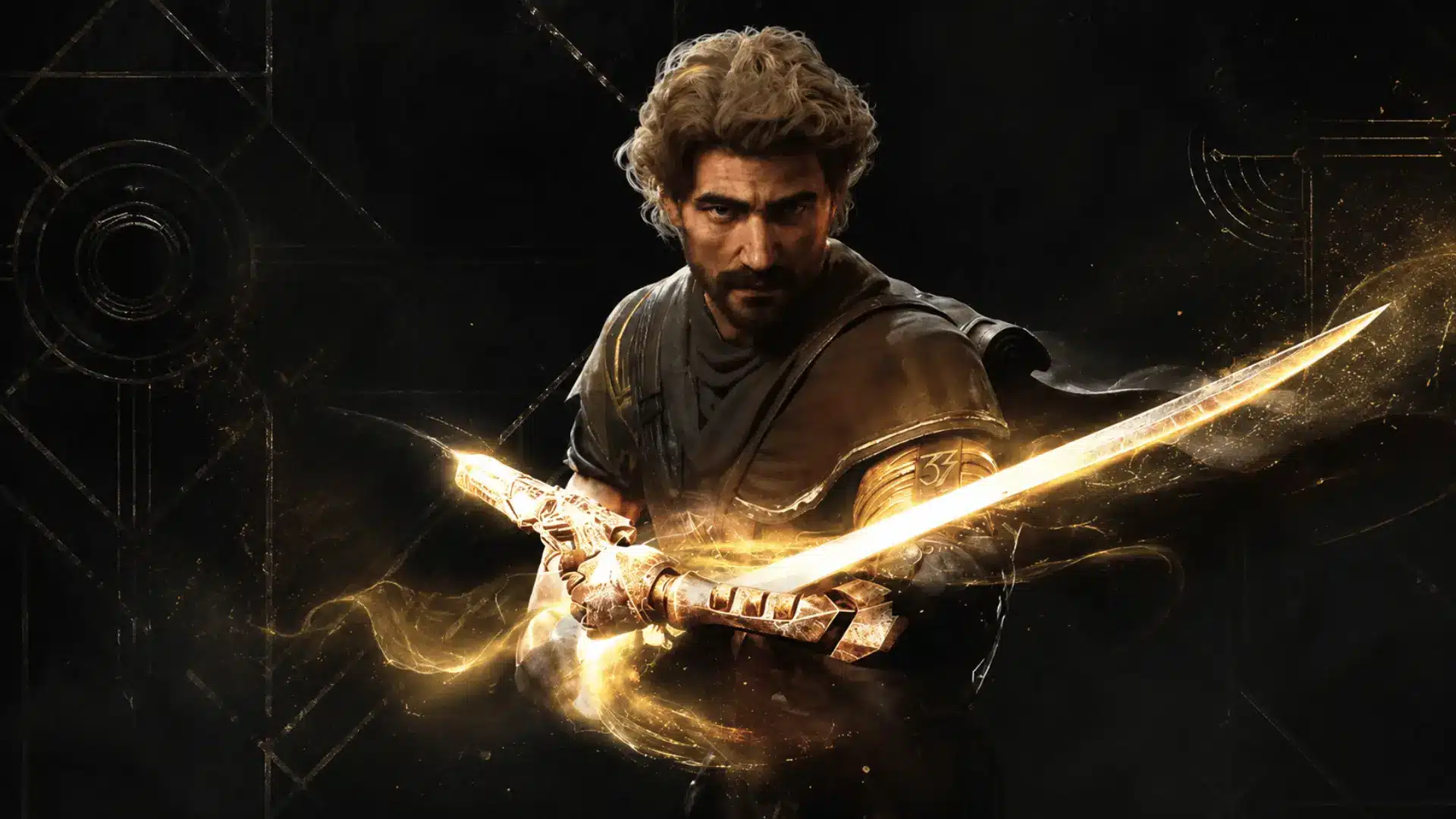 Bearded fantasy warrior Gustave in dark armor holding a glowing golden sword against a black geometric background