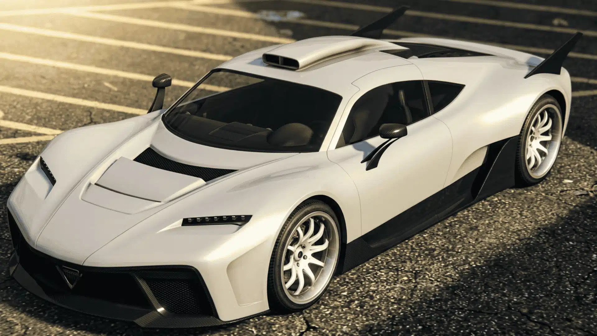 White Benefactor Krieger with black aero accents parked in a marked lot in GTA Online