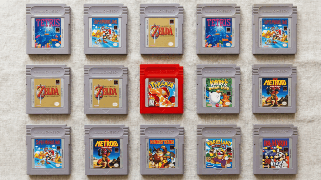Game Boy cartridges of multiple classic titles displayed on a neutral surface