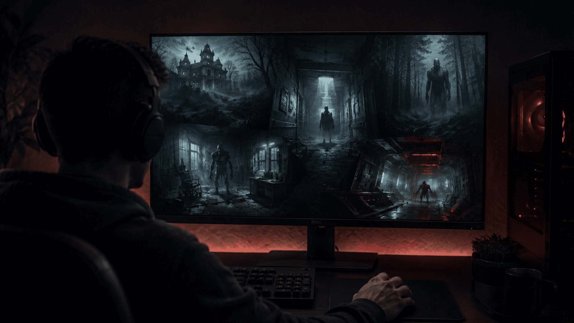 A gamer looks at a dark monitor displaying a collage of spooky horror game environments, lit by a red backlight.