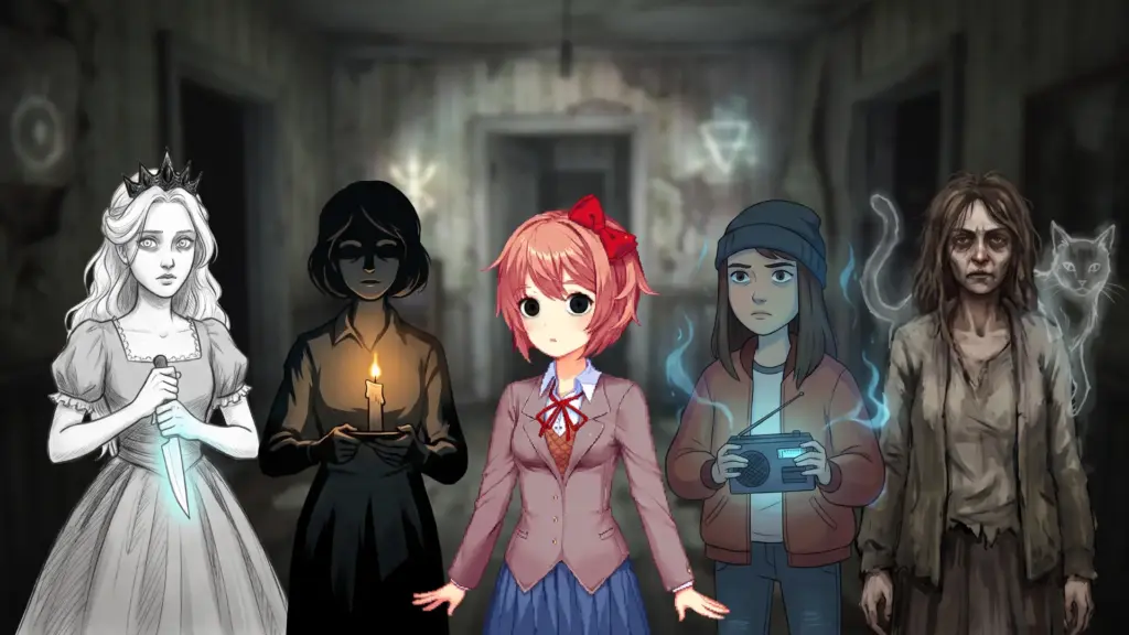 Collage of indie horror game characters in the foreground with a blurred dark horror background behind them.