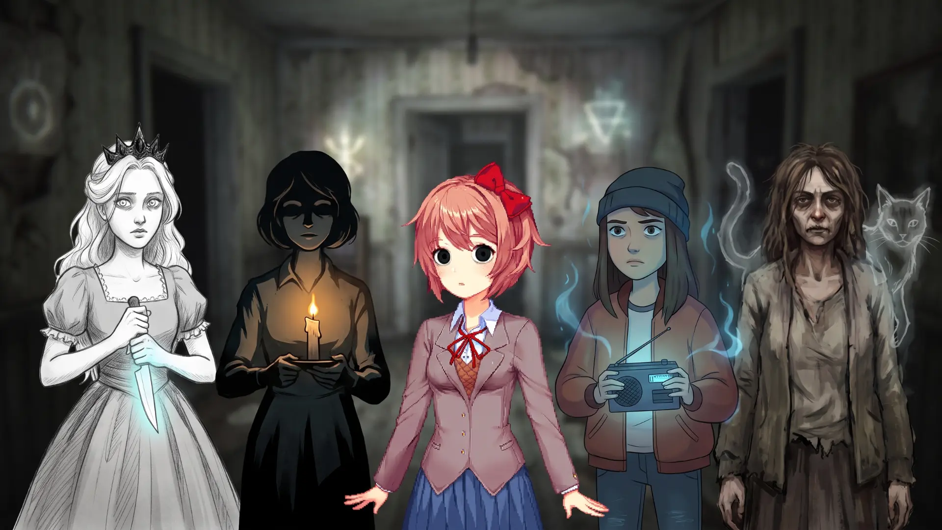 Collage of indie horror game characters in the foreground with a blurred dark horror background behind them.