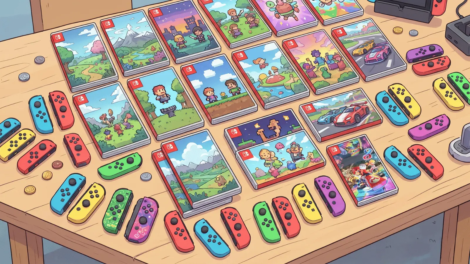 Nintendo Switch game cases and controllers displayed on a table in cartoon style