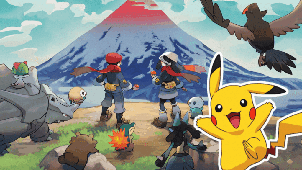 Artwork for Pokémon Legends: Arceus featuring trainers and Pokémon looking toward Mount Coronet, with a Pikachu overlay.
