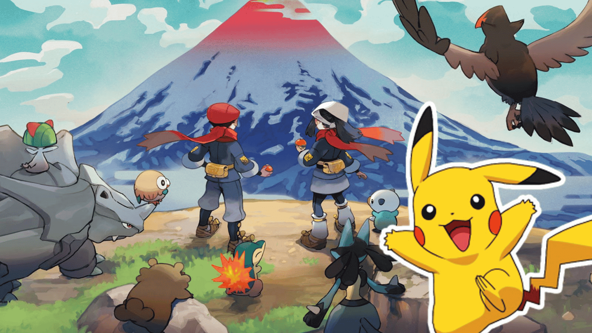 Artwork for Pokémon Legends: Arceus featuring trainers and Pokémon looking toward Mount Coronet, with a Pikachu overlay.