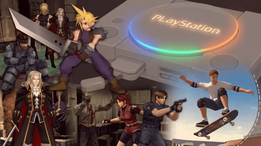 Collage of iconic PS1 games with characters and console highlighting timeless gameplay.