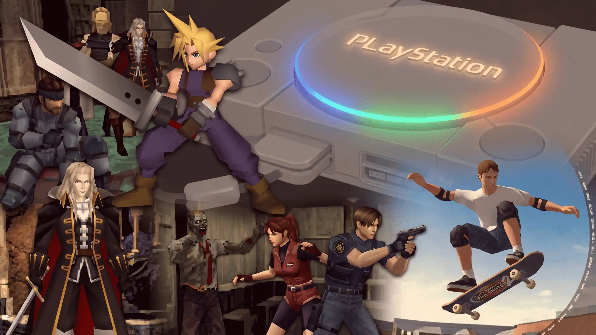 Collage of iconic PS1 games with characters and console highlighting timeless gameplay.
