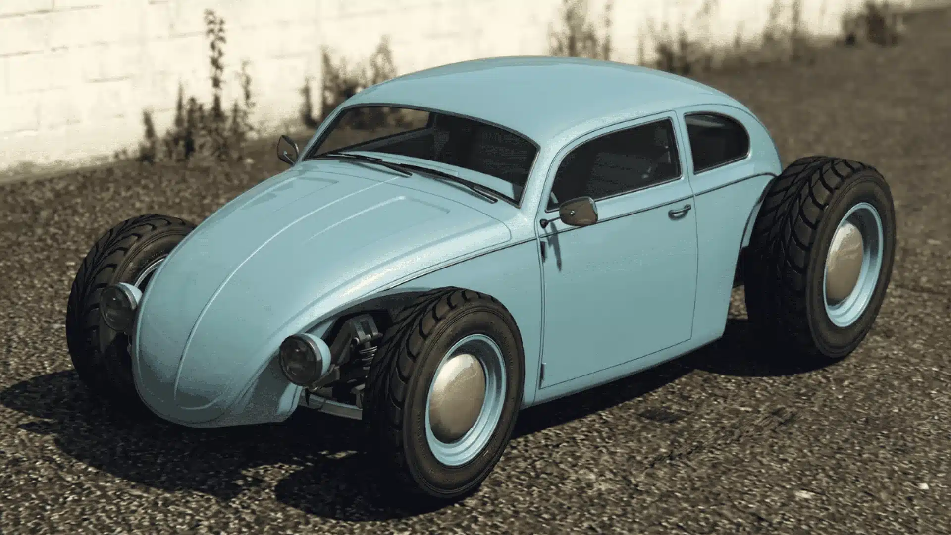 Light blue BF Weevil Custom with exposed wheels parked on a road in GTA Online