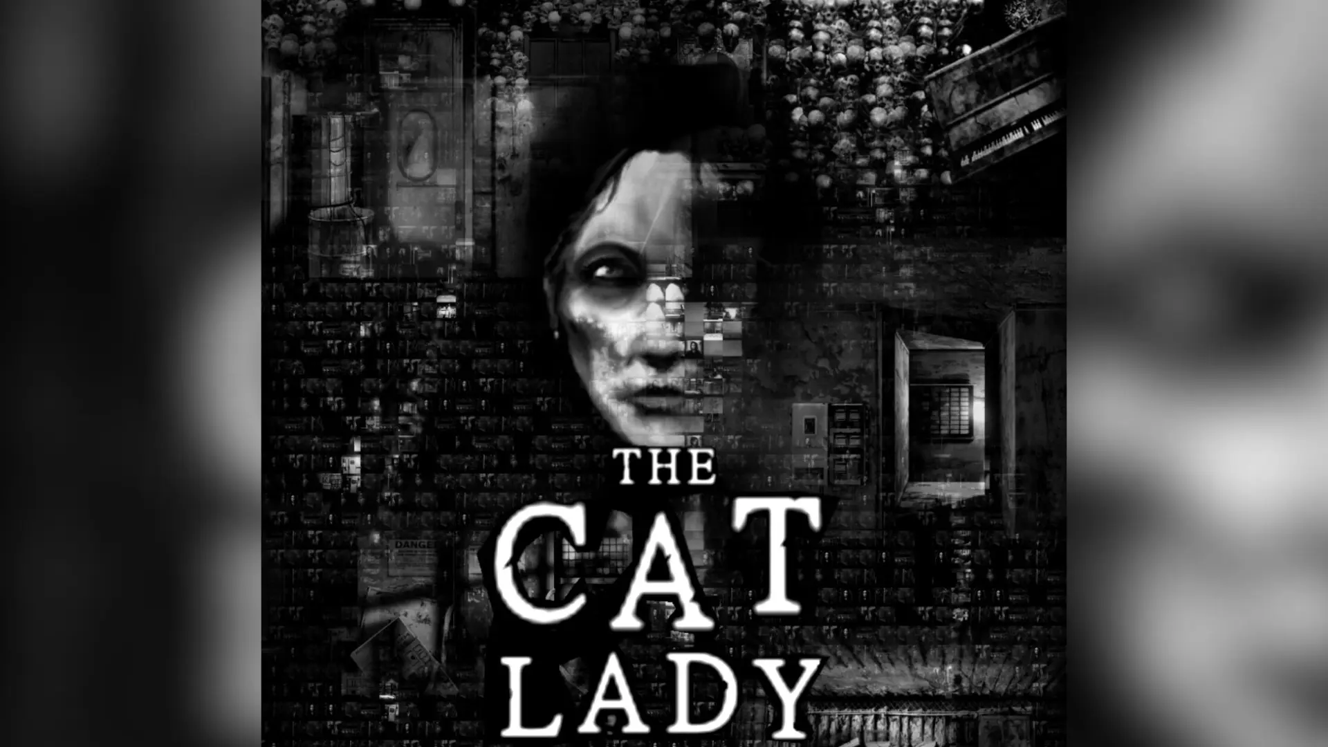 Black-and-white collage with a woman&rsquo;s face, skulls, dark rooms, and The Cat Lady title.