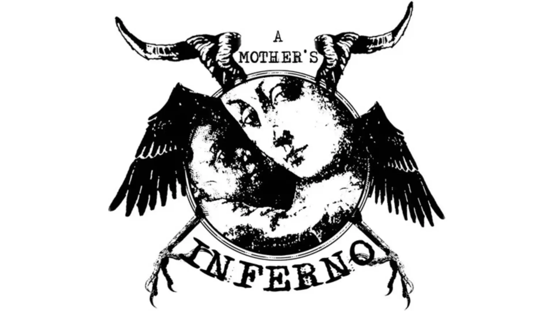 Black-and-white illustration of a mother holding a child inside a horned, winged emblem with &ldquo;A Mother&rsquo;s Inferno&rdquo; text.