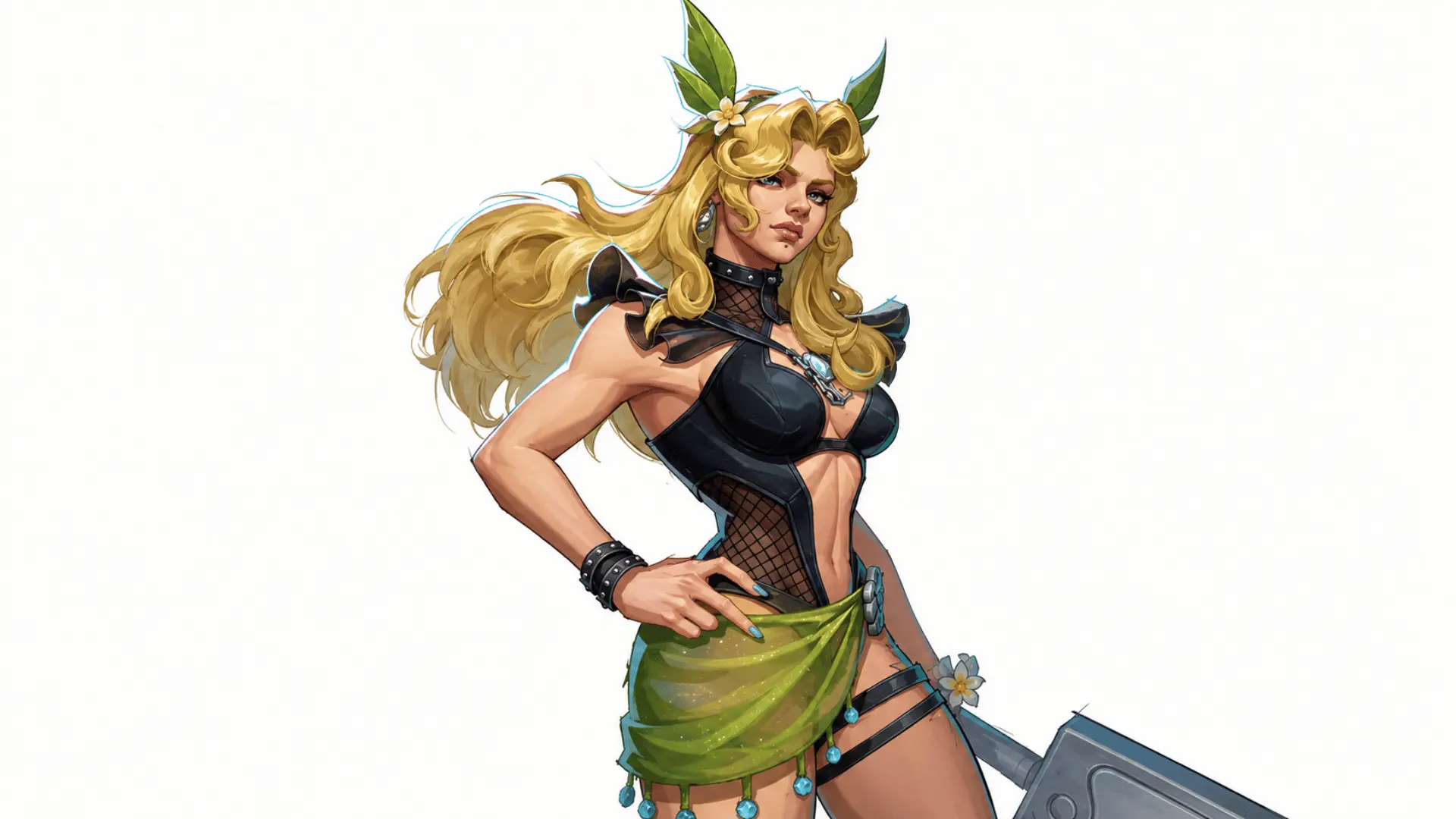 Blonde female character in black armor with a green sash, leaf ornaments, and a large metal weapon