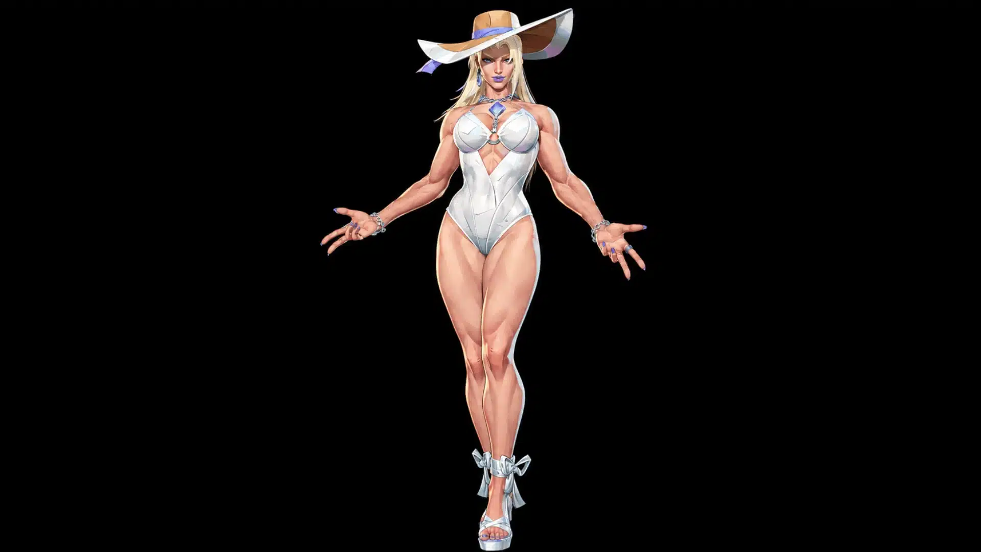 Blonde game character in a white bodysuit and wide-brim hat against a black background