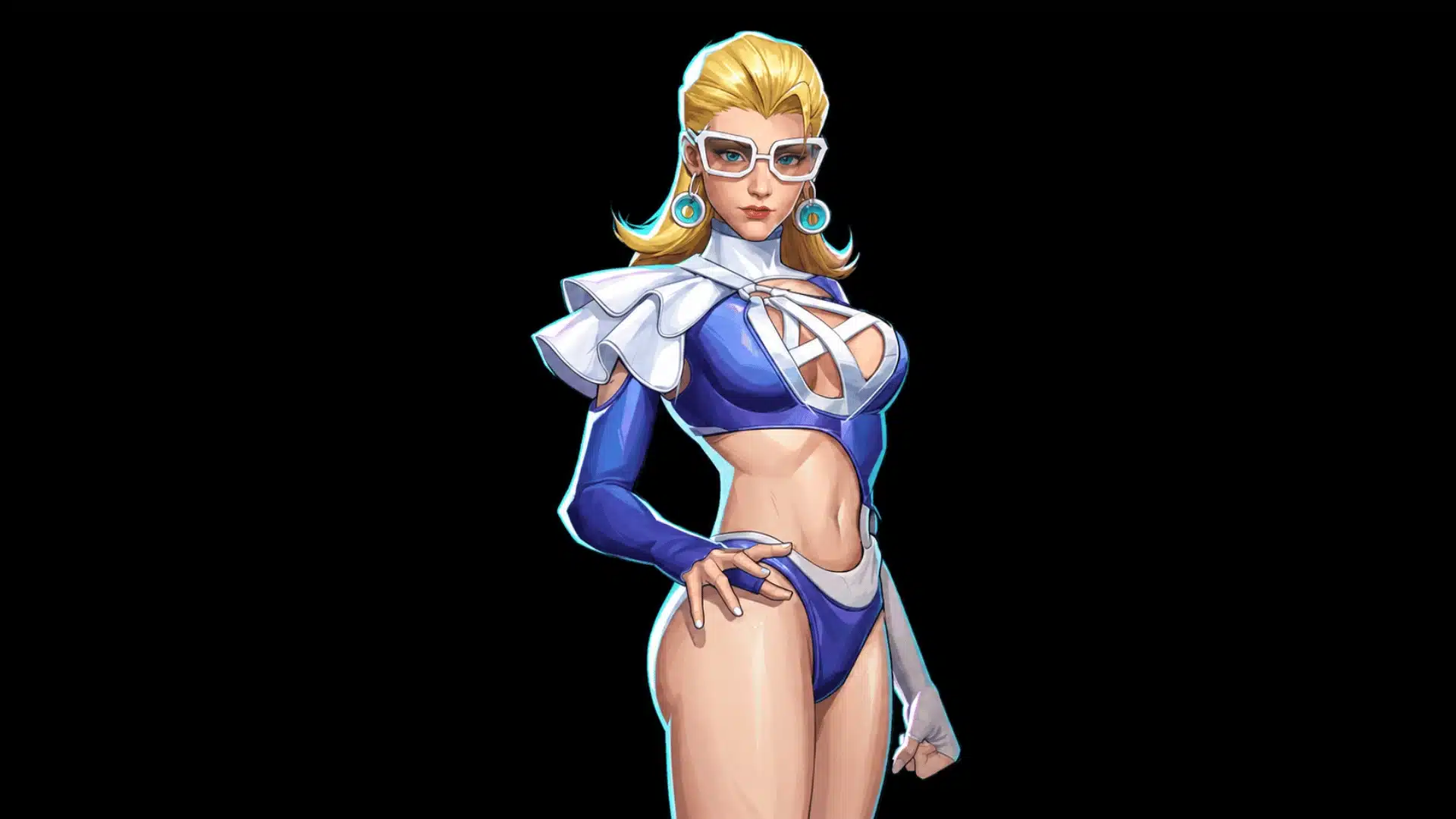 Blonde game character wearing white glasses and a blue-and-white outfit against a black background