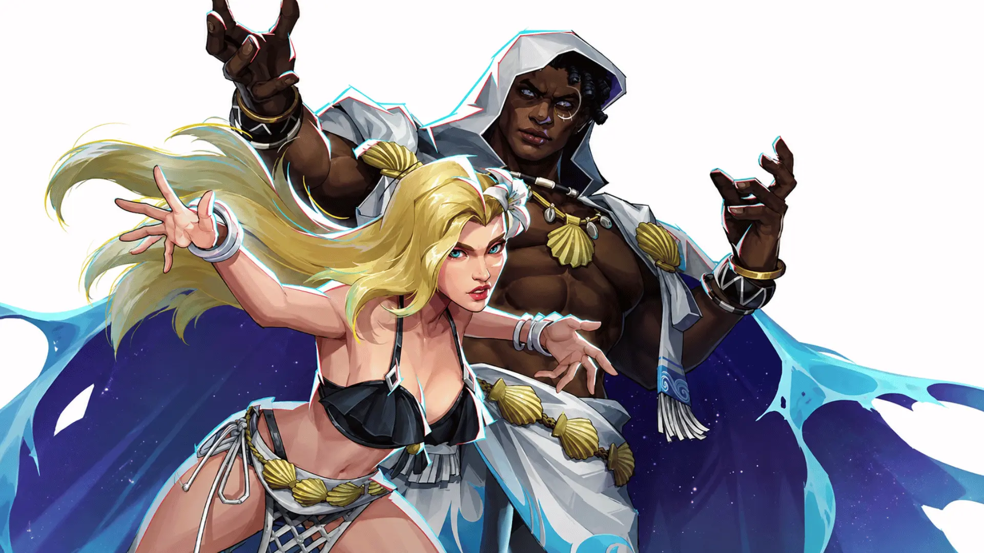 Blonde woman in a black-and-white outfit posing beside a hooded man in white against a light background