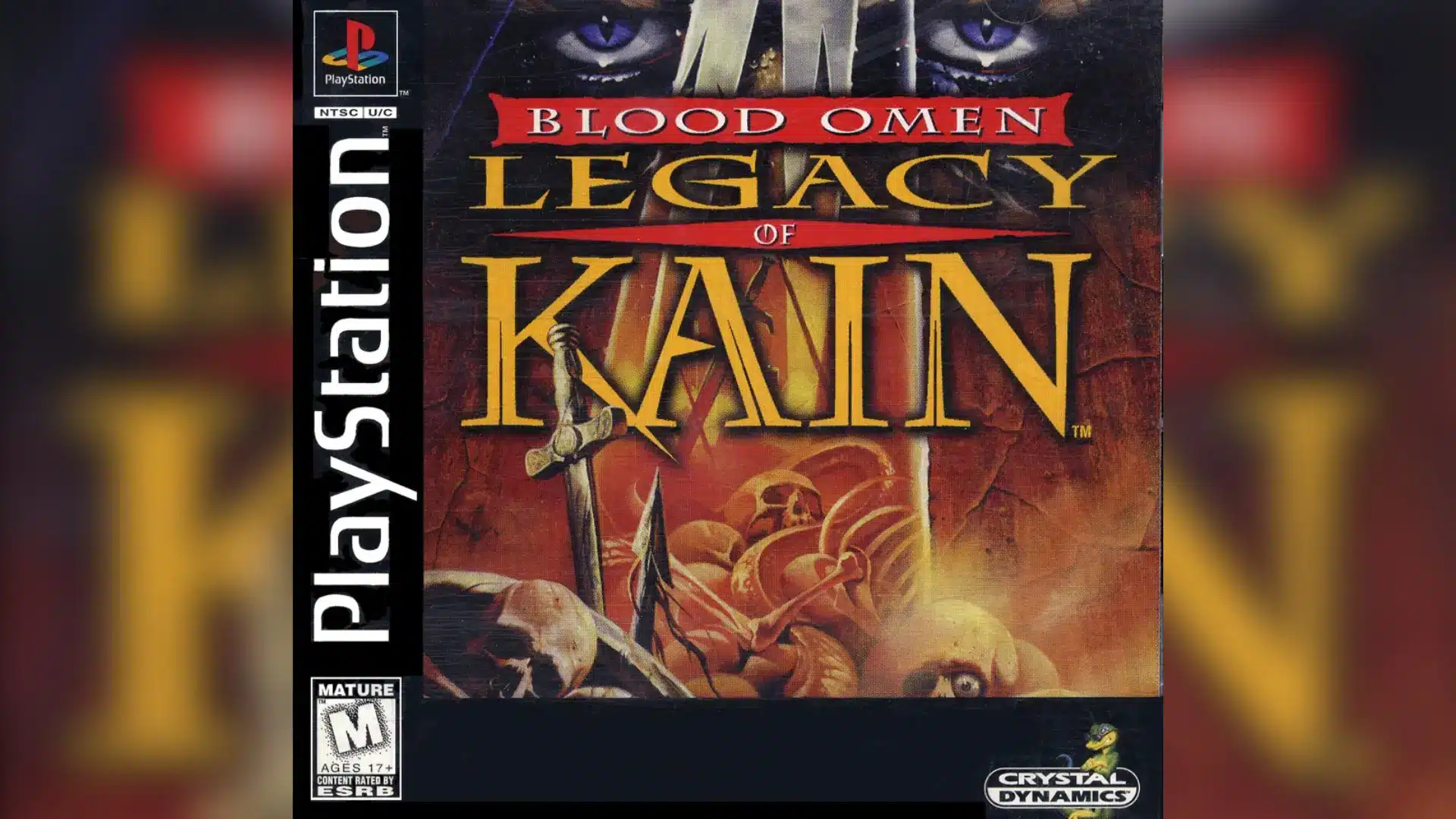 PlayStation cover art for Blood Omen: Legacy of Kain featuring a sword, skulls, and glowing eyes.