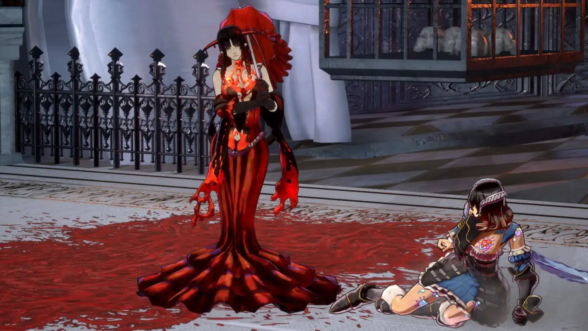 Red-clad woman confronts an injured fighter inside a bloodstained gothic arena