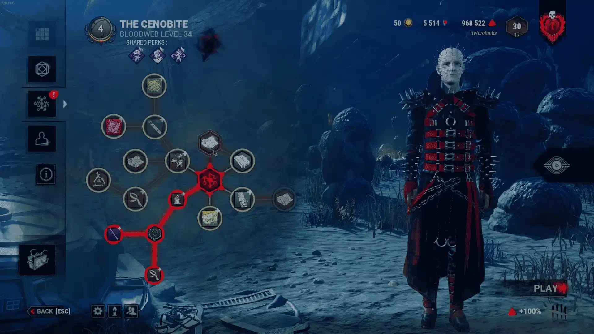 Bloodweb interface showing perk nodes and items in Dead by Daylight.