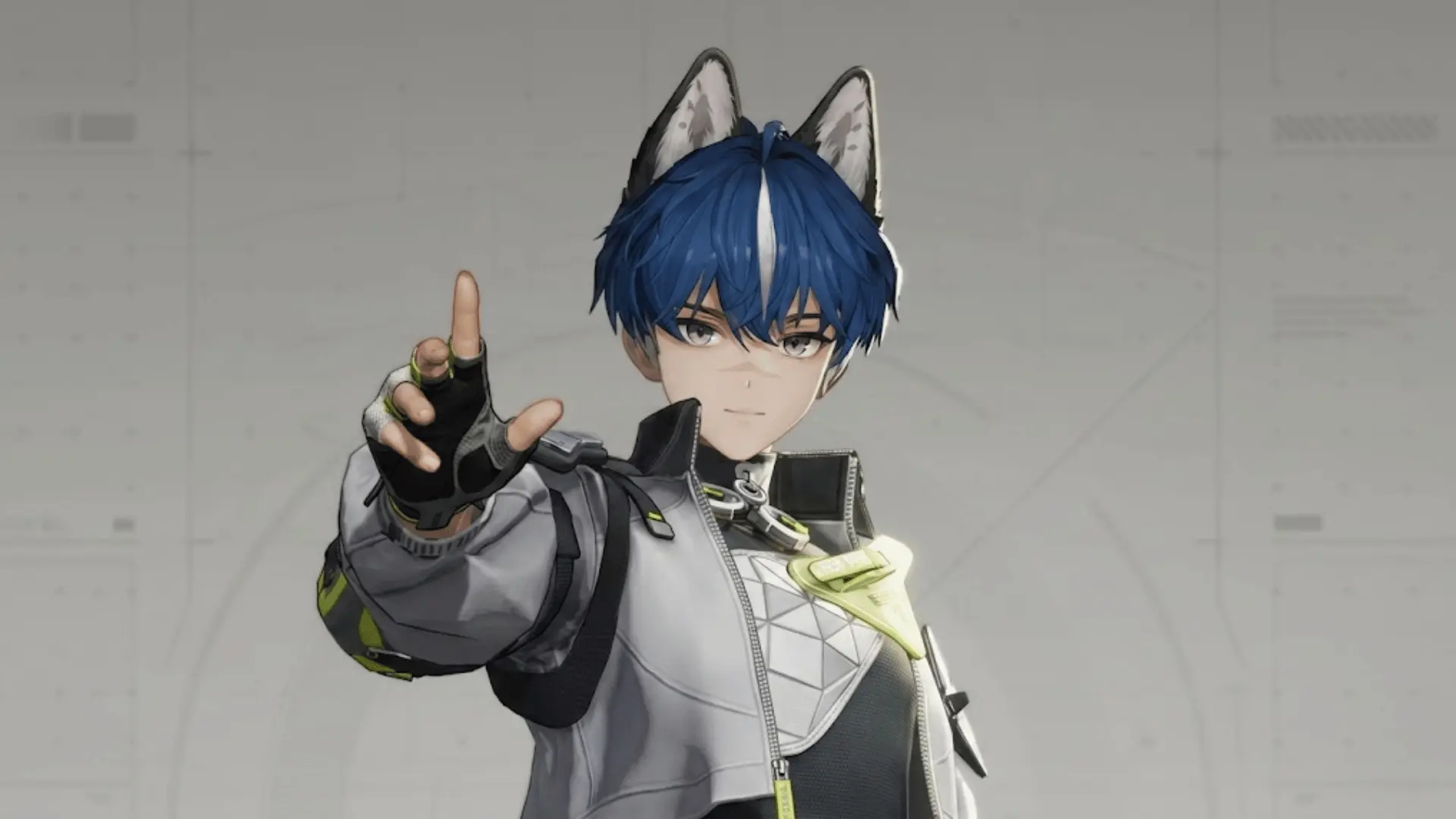 Anime character with blue hair, animal ears, and high-tech grey jacket reaching forward against a light grey grid background.