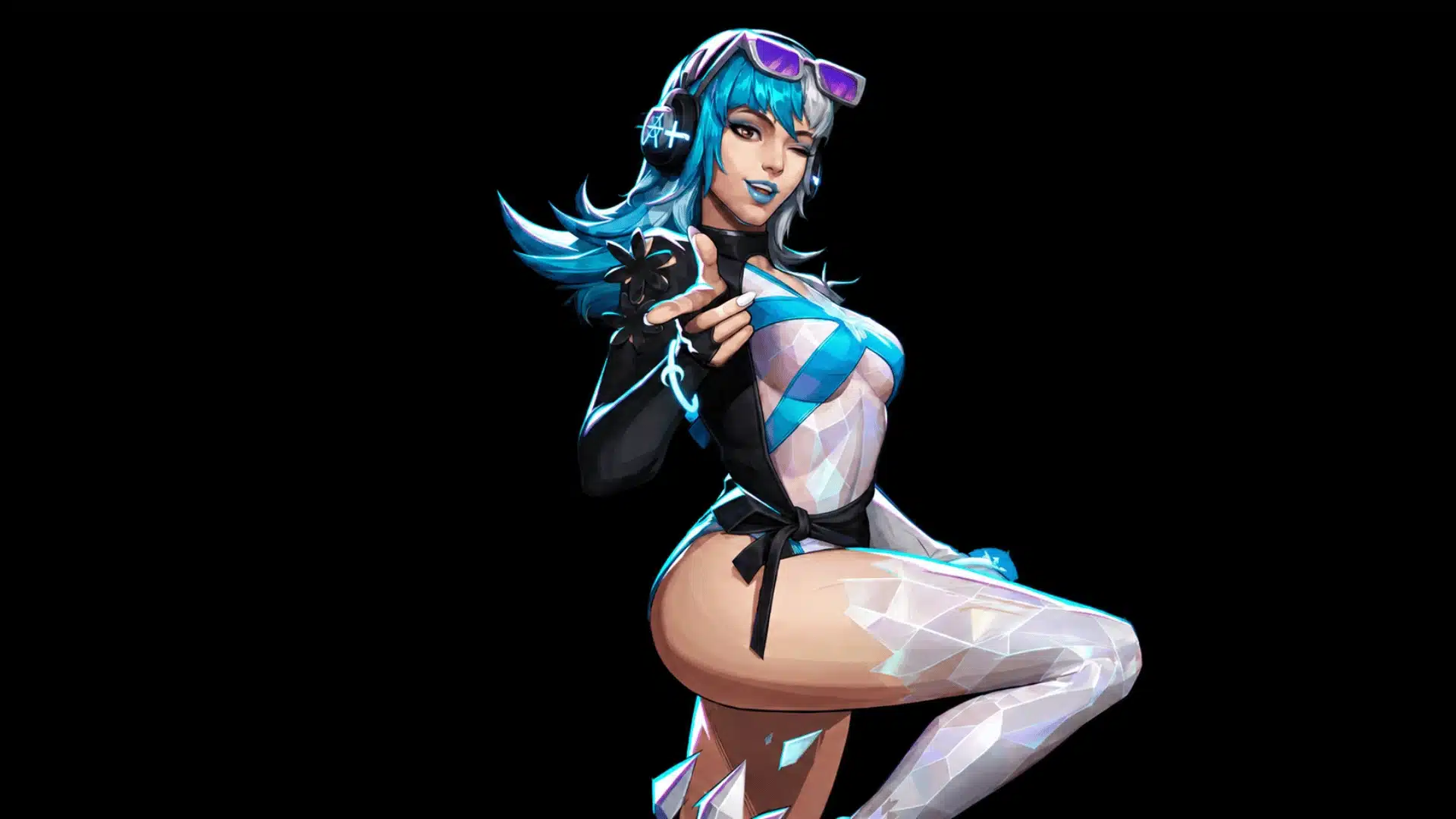 Blue-haired game character wearing headphones and goggles, posing in a black and blue outfit against a dark background