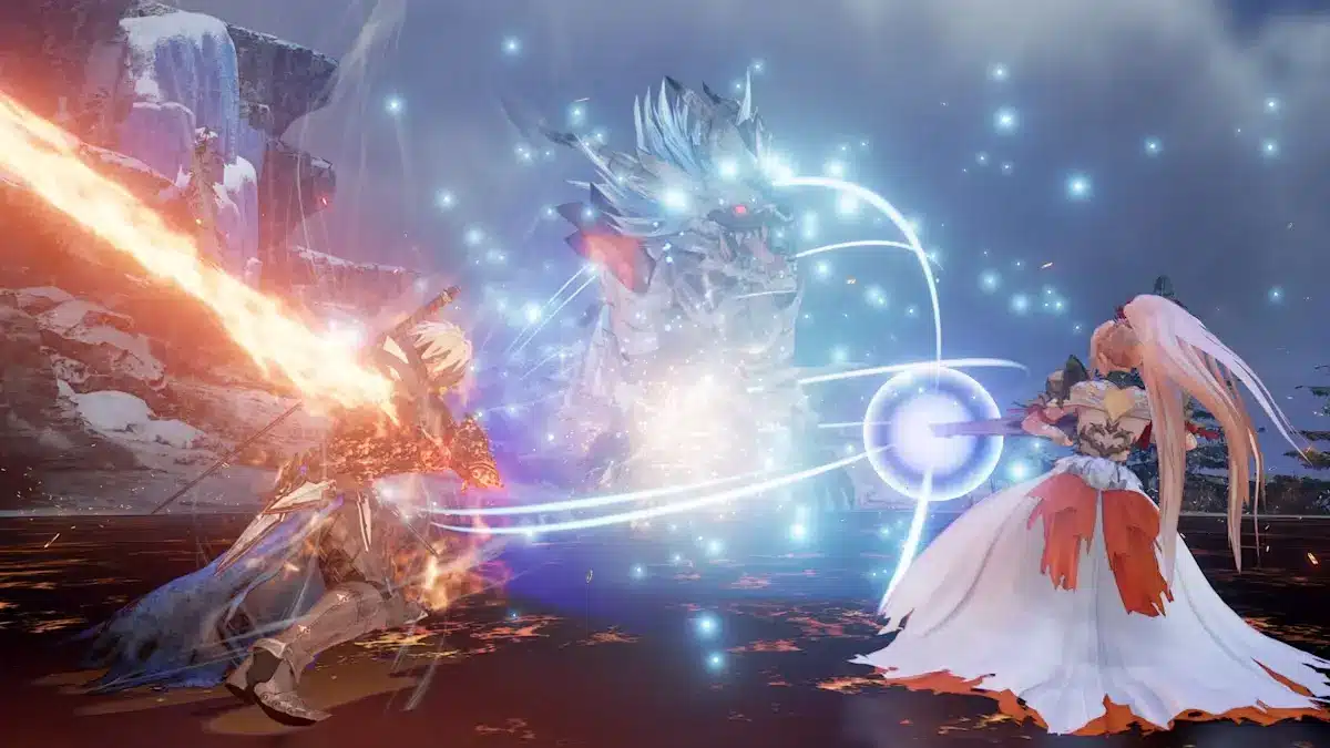 Alphen and Shionne unleashing a fiery and astral coordinated Boost Strike against an ice boss