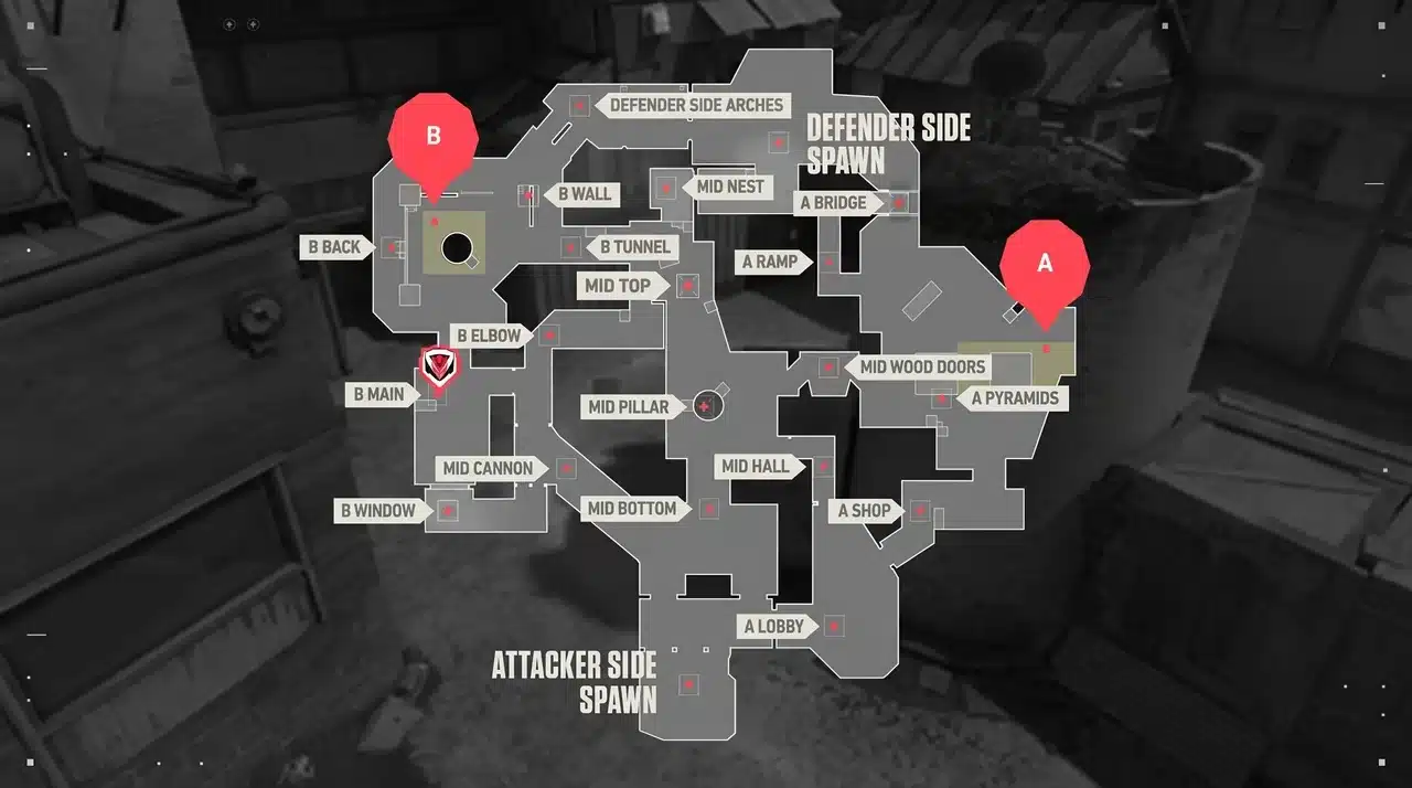 Valorant Breeze map layout showing A and B spike sites, wide open mid areas, attacker and defender spawns