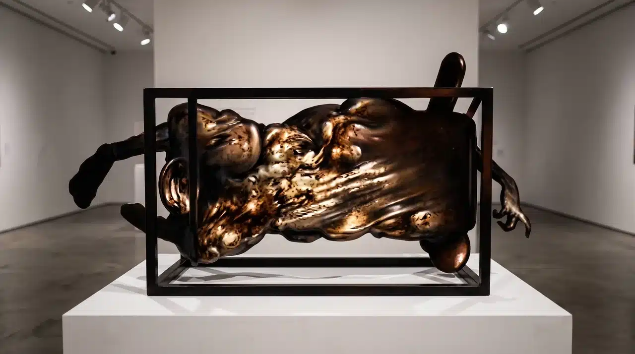 Bronze sculpture-style Flesh Lips creature displayed inside an open metal frame in a gallery setting