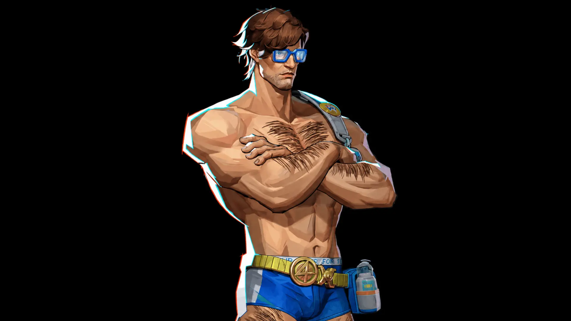 Brown-haired game character wearing blue goggles and blue shorts with arms crossed against a black background