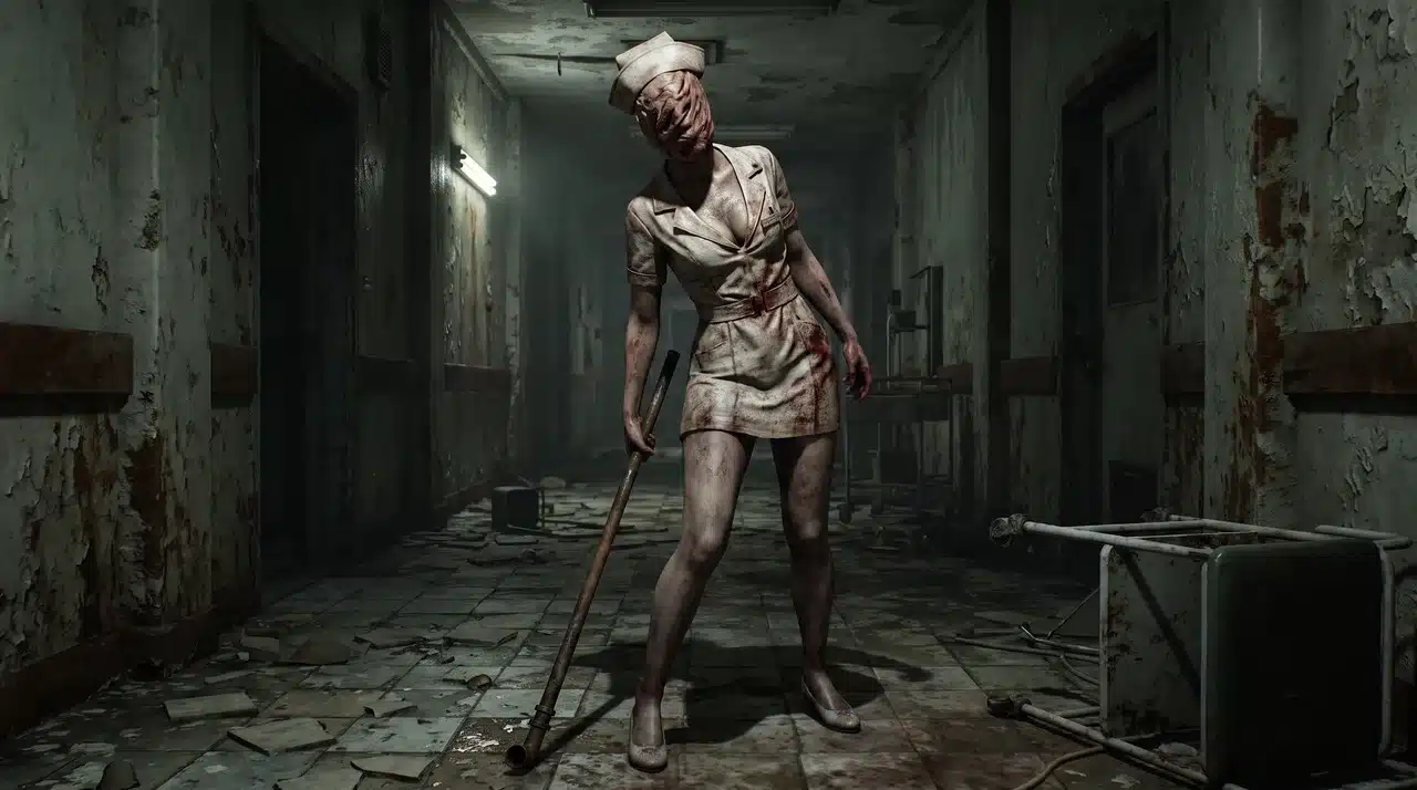 Bubble Head Nurse standing in a decayed hospital hallway holding a metal pipe weapon