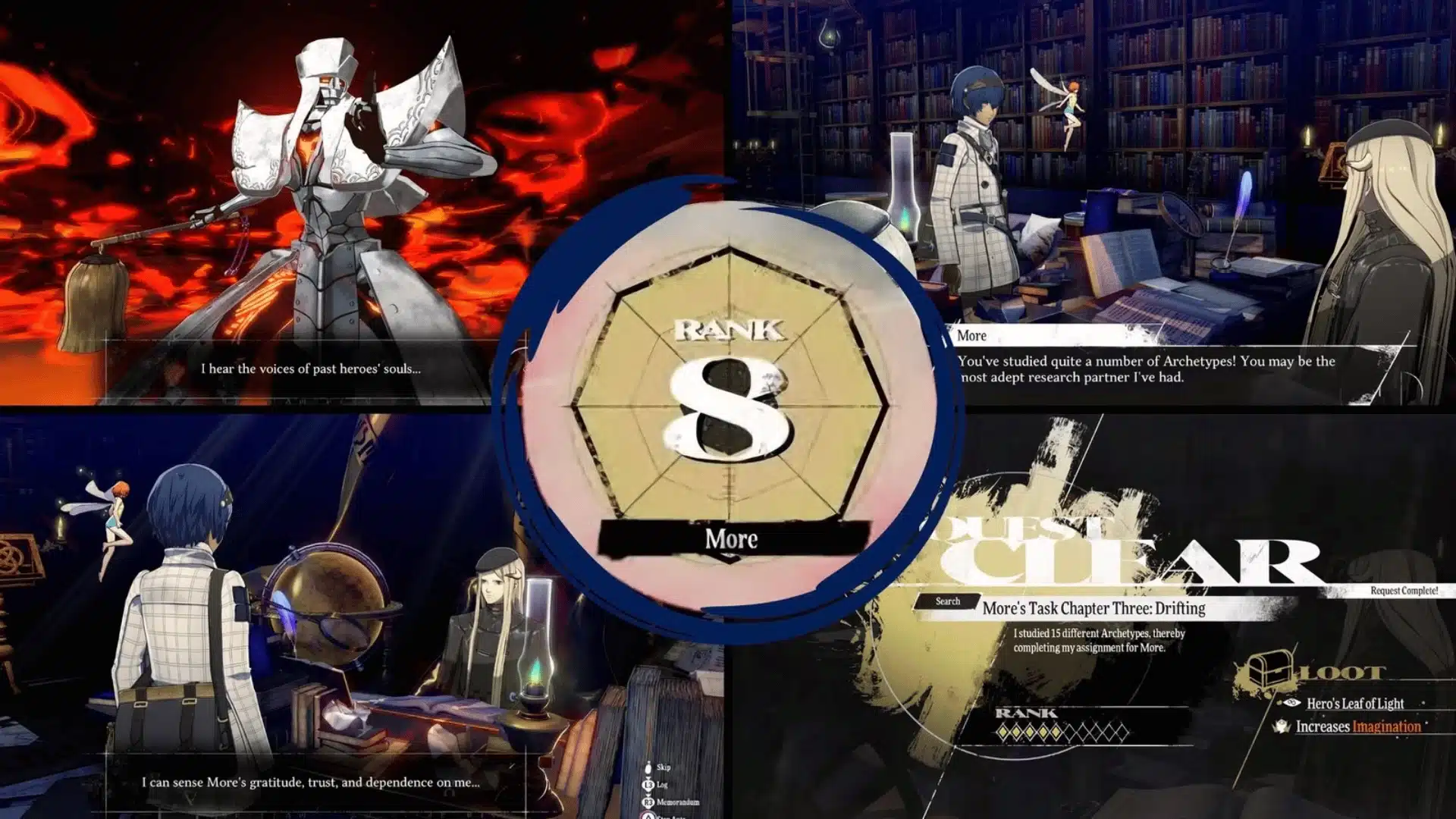 Metaphor: ReFantazio Rank S bond with More, archetype research and rewards collage.