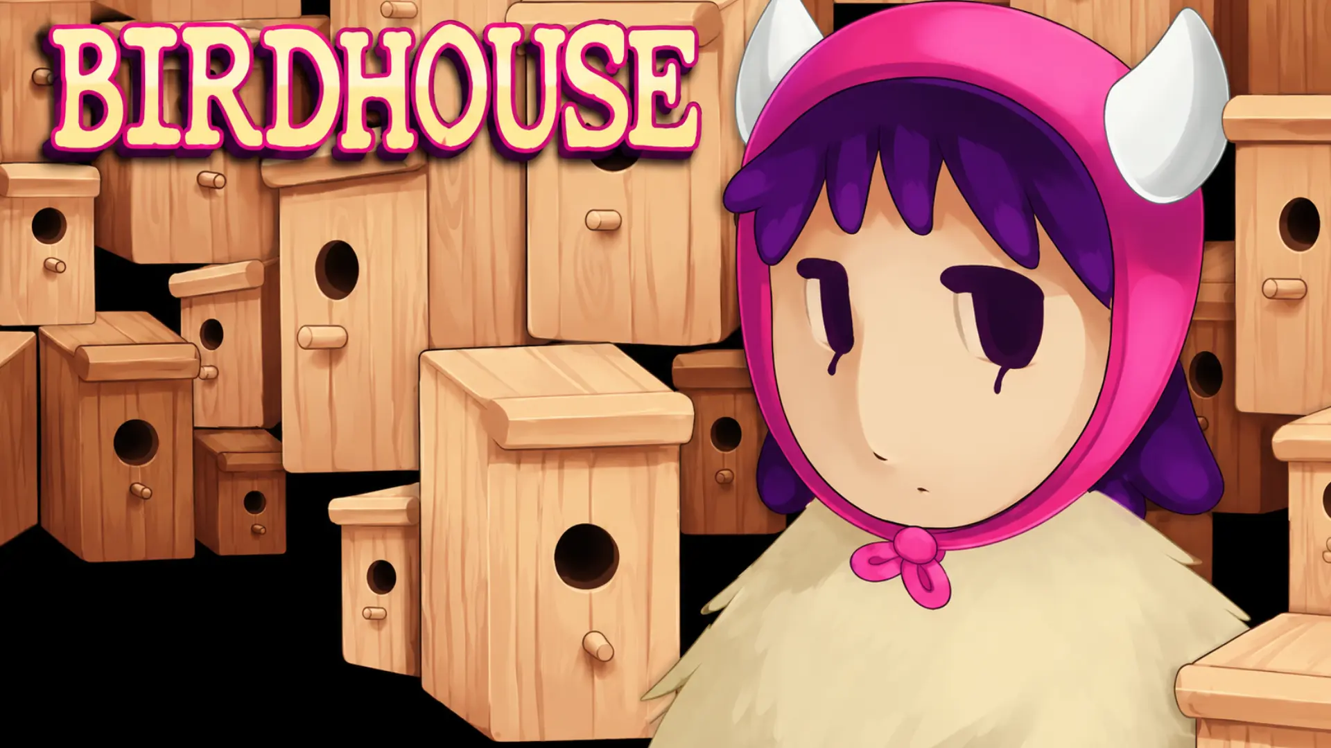 Cartoon character in a pink hood standing among stacked wooden birdhouses with &ldquo;BIRDHOUSE&rdquo; text above.